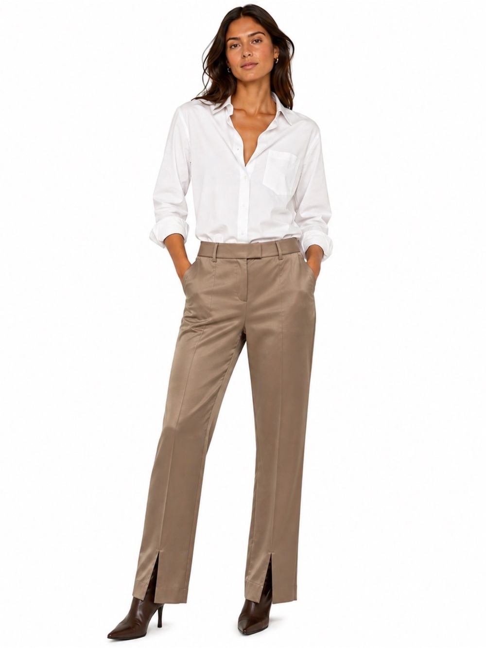 BCBGMaxAzria Taupe Straight-Leg Trousers with Front Slits | Size XS